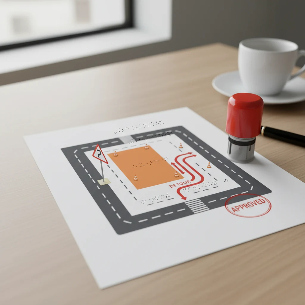 UK permit-ready traffic plan PDF on a desk with a stamp and pen, ready for council submission