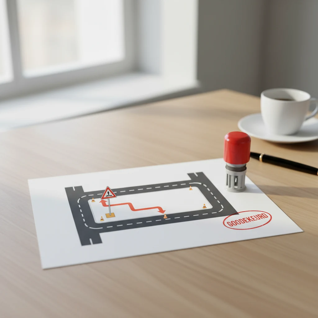 Nederlands vergunningsklaar verkeersplan als geprinte PDF op een bureau met stempel en pen, klaar voor indiening bij de gemeente